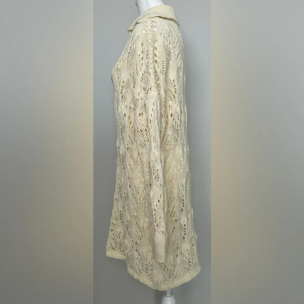 Free People Elton Sweater Dress Cream‎ Open Knit Collared Long Sleeve Boho M